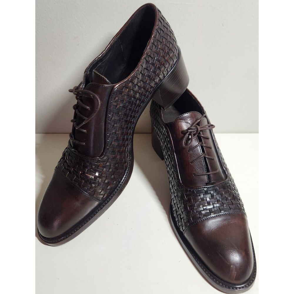 Cole Haan Wellesley Chocolate Woven Leather Heeled Brogues, Size 11